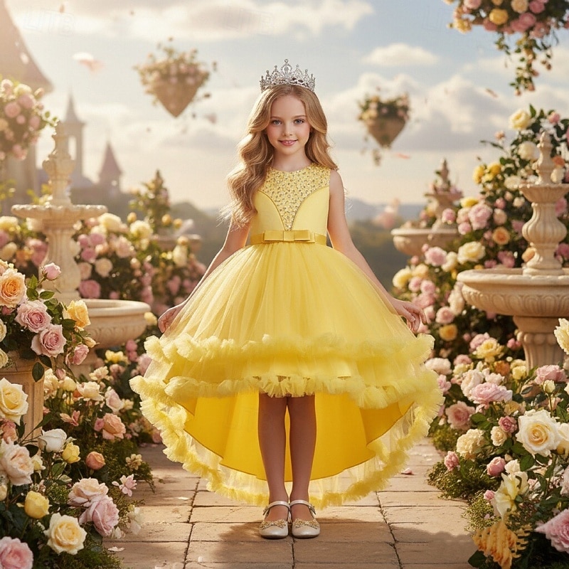 Bloemenmeisjesjurk, communiejurk, formele jurk voor meisjes, trouwkleding, feestkleding, formele mode voor bruiloften, schattige patchwork, mesh, effen kleur, mouwloos, ronde hals, geel, roze, 4 jaar 2026 - $51.99 –P9