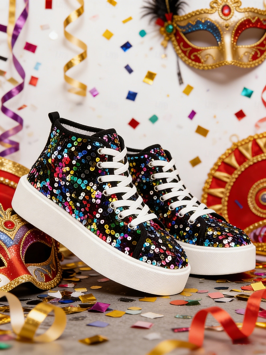 Women's Mardi Gras Black Colorful Sequin High-Top Sneakers – Trendy Festival Shoes for Carnival, Parades and Street Parties 2026 - $46.99 –P2