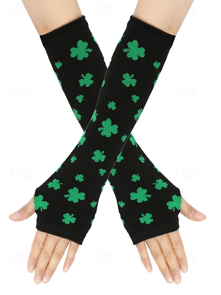 Women's Knitted St. Patrick's Day Gloves, Green and White Stripes with Clover Pattern, Perfect for St. Patrick's Day, Carnival and Everyday Wear 2026 - $7.99 –P7