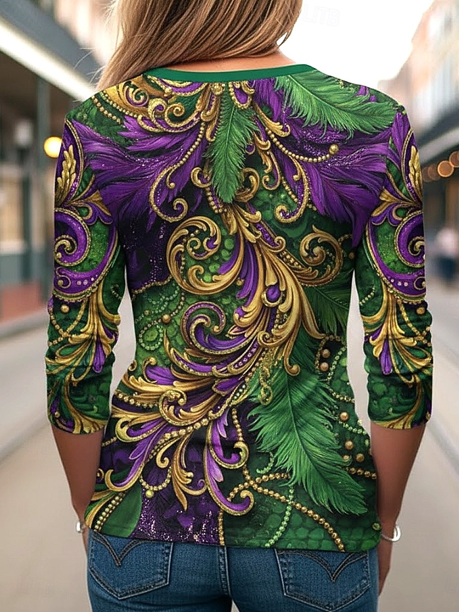 Karneval Damen T-Shirt Grafik Geometrisch Vintage Stylisch Modern Lange Ärmel Rundhalsausschnitt Regelmäßige Oberteile Täglicher Wochenenddruck Grün Frühling Winter 2026 - $24.99 –P2