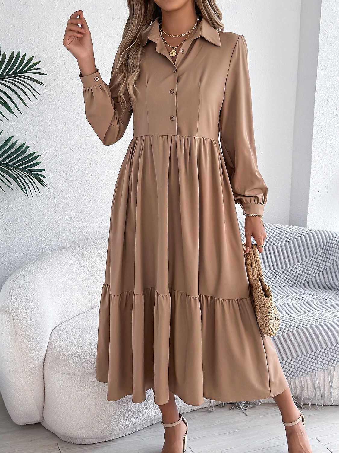Women's Midi Dress A Line Dress Casual Daily Regular Fit Plain Long Sleeve Lapel Blue Navy Wine Green Spring 2026 - $36.99 –P12