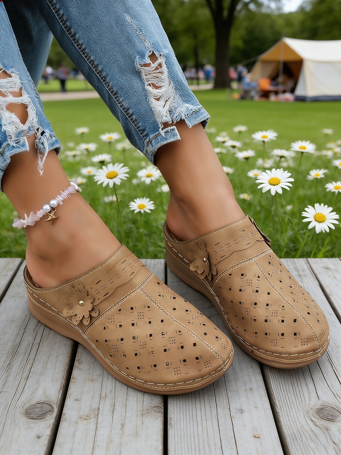 Women's Blue Perforated Mule Clogs - Floral Detail Comfort Casual Shoes, Ideal for Garden Walks, Picnics, Daily Errands & Outdoor Gatherings 2026 - $24.99 –P3