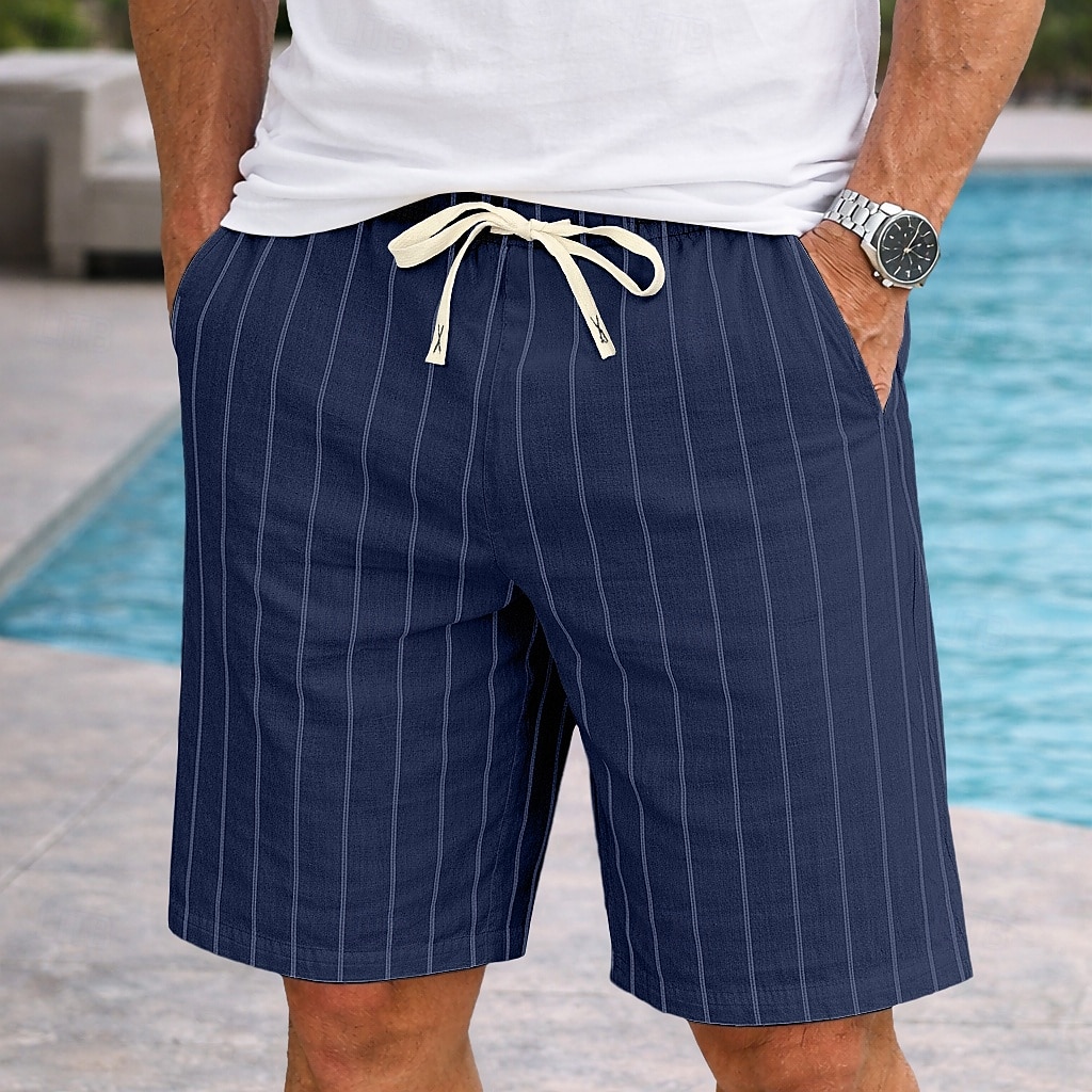 Men's Shorts Linen Shorts Summer Shorts Beach Shorts Drawstring Elastic Waist Striped Comfort Breathable Knee Length Daily Outdoor Holiday Vacation Fashion Black White Inelastic 2026 - $20.99 –P9