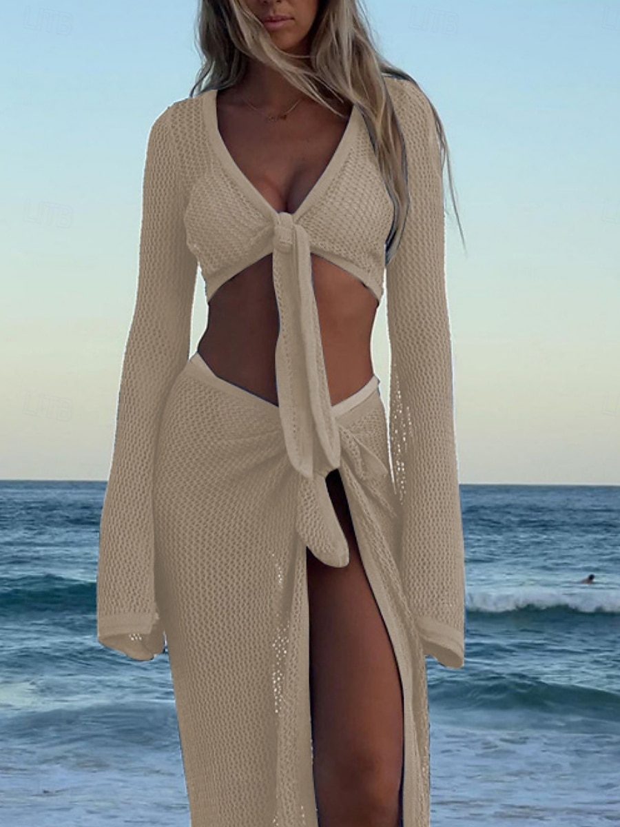 Жен. Купальники Накидка 2 шт. купальник Трикотаж Отпуск Одежда для пляжа Сплошной цвет V-образный вырез Длинный рукав Купальники 2026 - $41.99 –P13
