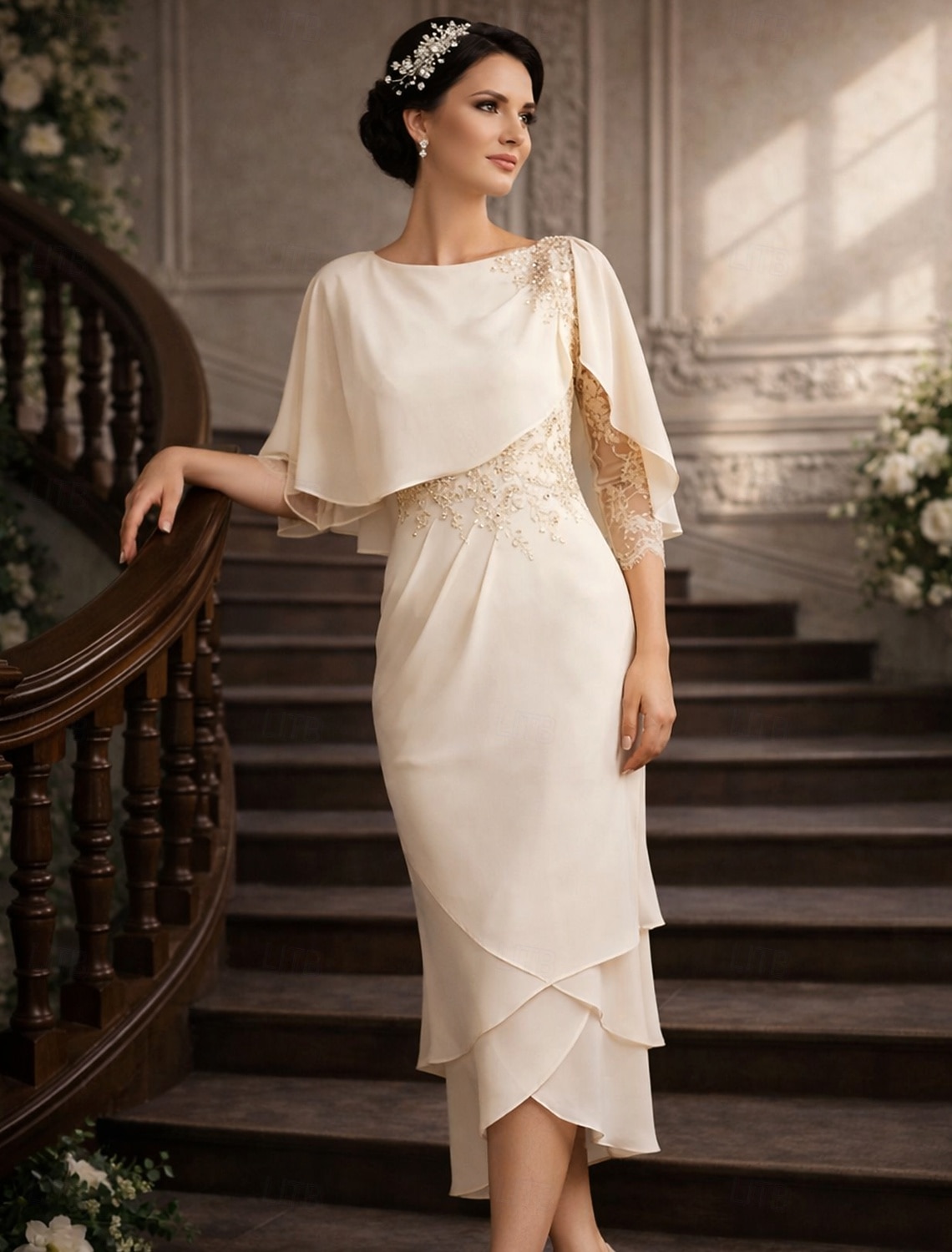 Strak kolom Over de knie Feestjurk Cocktail jurk Bruiloft gast jurk Moeder van de bruid jurk 3/4 mouw Ronde hals Elegant Petite Bruiloft gast Cocktailparty Bruiloft Chiffon met Kant Lagen Appliqués 2026 - $167.99 –P2