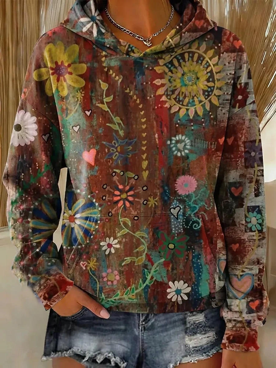 Dam Pullover Hoodie Sweatshirt Lappverk Mönster Framficka Blommig Grafisk Vintage Ledigt Långärmad Huva Vanliga toppar Ledigt Gata Vardag Purpur Brun Grön Vår Vinter 2026 - $32.99 –P2