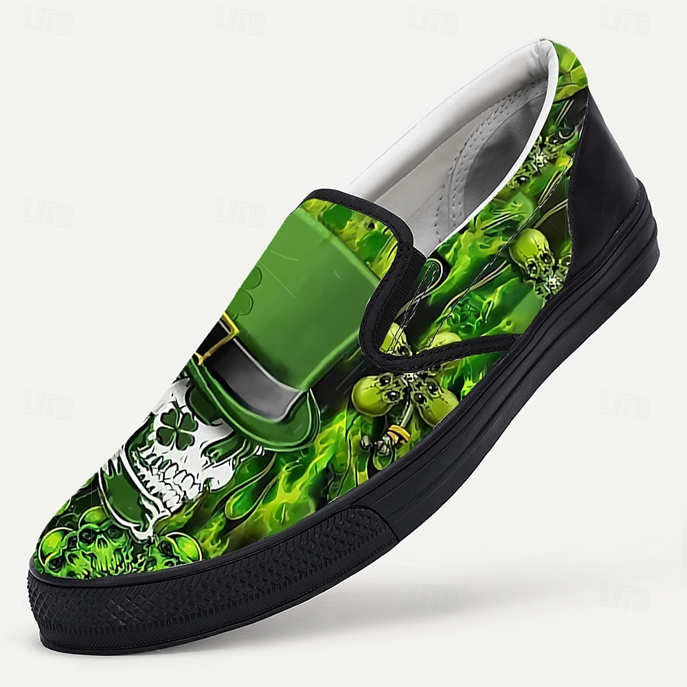 Ανδρικά πράσινα φλοράλ slip-on παπούτσια – μοναδικό σχέδιο με νεκροκεφαλή και τριφύλλι, άνετα και κομψά υποδήματα για την ημέρα του Αγίου Πατρικίου και casual γιορτές 2026 - $46.99 –P2