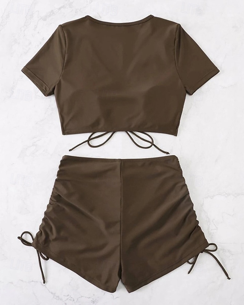 Femmes Maillots de Bain 2 pièces Shorts Maillot de bain Cordon de serrage Vacances Tenues de plage Couleur Unie Col en V Manches courtes Maillots de bain de 2026 ? $18.49 –P3