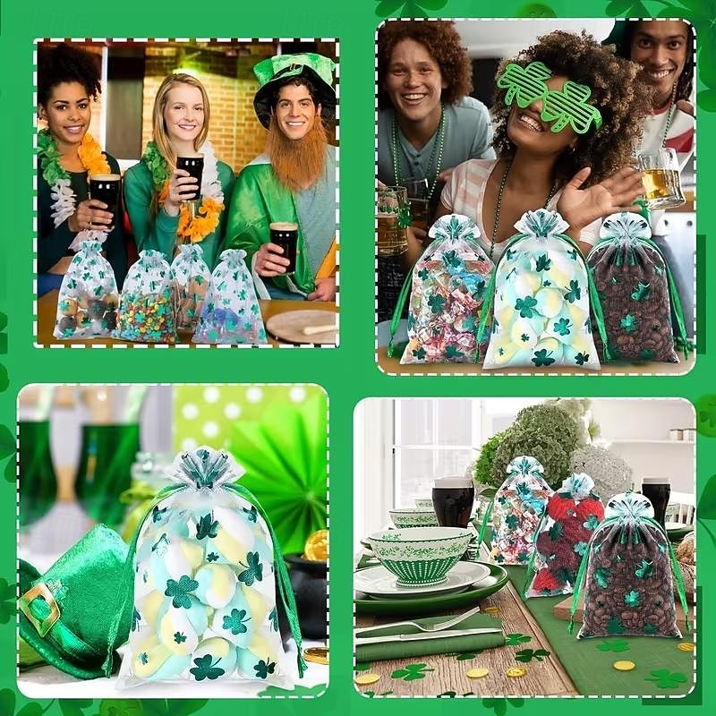 50PCS St. Patrick's Day Gift Bags, Green Shamrock Leaf Pattern Organza Bags for Jewelry, Party Favors, Two Sizes 3.9x5.9 Inch & 5x7 Inch 2026 - $19.99 –P6