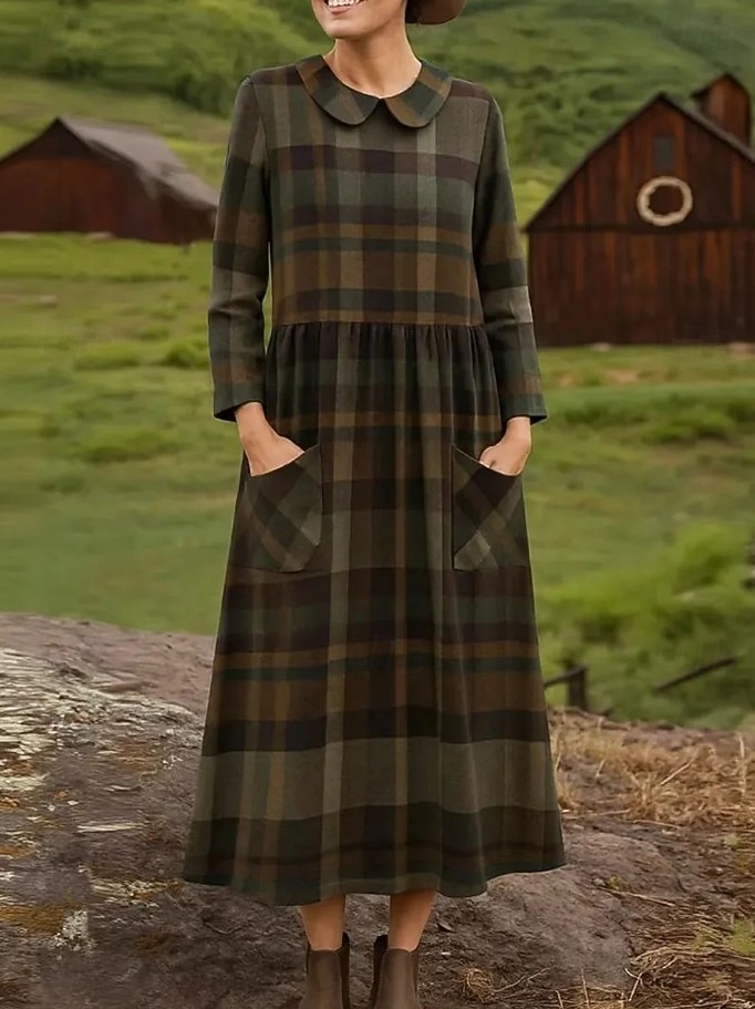Women's Midi Dress Sheath Dress Pleated Dress Vacation Casual Boho Holiday Spring Dress Regular Fit Plaid Long Sleeve Crew Neck Blue Light Brown Brown Spring Fall 2026 - $43.99 –P1