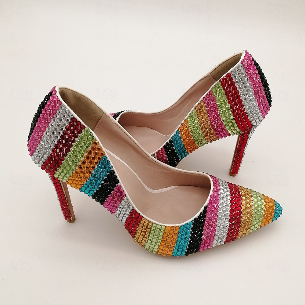 Women's Multicolor Rhinestone High Heels - Sparkling Striped Pointed Toe Pumps for Parties, Celebrations, and Special Events 2026 - $79.99 –P6