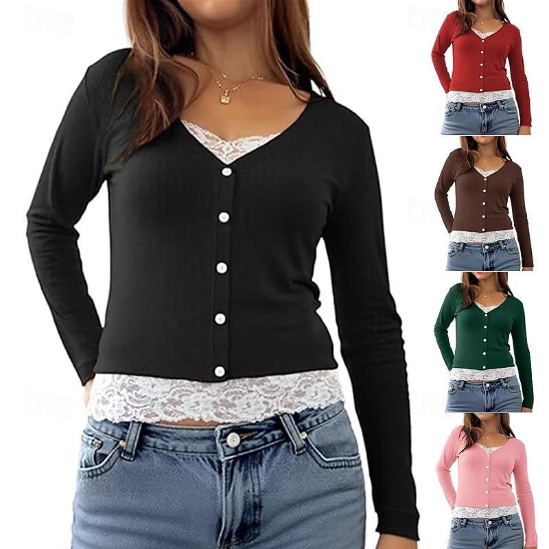 Mulheres Blusa Renda Patchwork Botões Côr Sólida Elegante à moda Casual Manga Longa Decote V Tops regulares Diário Preto Rosa Vermelho Marron Verde Primavera Outono Inverno de 2026 por $25.99 –P1
