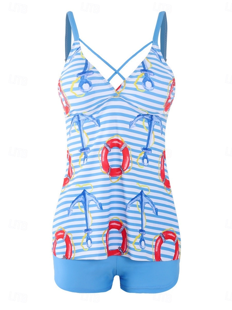 Тtankini для женщин 2 предмета купальник шорты контроль живота высокая талия,Slim без спины отпуск пляжная одежда полоска геометрический V-образный вырез безрукавный купальник 2026 - $19.99 –P5