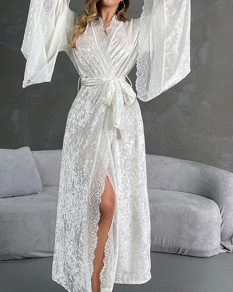 Women's Robe Casual Soft Satin Pure Color Lace Patchwork Daily Home Bed Long Sleeve V Neck Black White Wine Summer Spring Loose Fit 2026 - E£2245.39 –P14