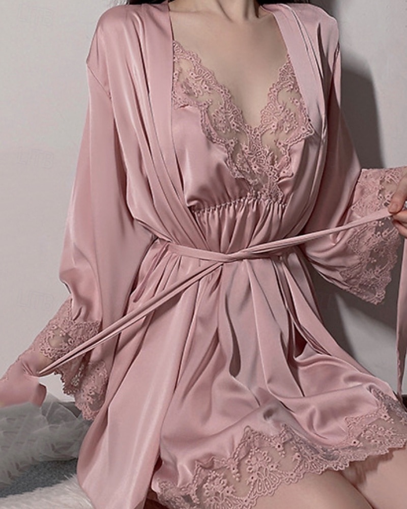 Femmes Robe Chemise de Nuit Ensemble Pyjama Occasionnel Doux Satin Couleur Unie Dentelle Robes Quotidien Maison Lit manche longue Bretelles Noir Blanche Rose Claire Vin Marron Été Coupe régulière de 2026 ? $24.99 –P2