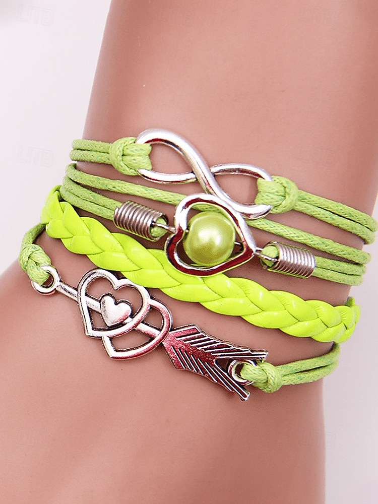 Dámské náramky z bohémské slitiny a umělé kůže, vícebarevné s přívěsky ve tvaru srdce a nekonečna – ideální na Valentýna i pro běžné nošení 2026 - $7.99 –P1