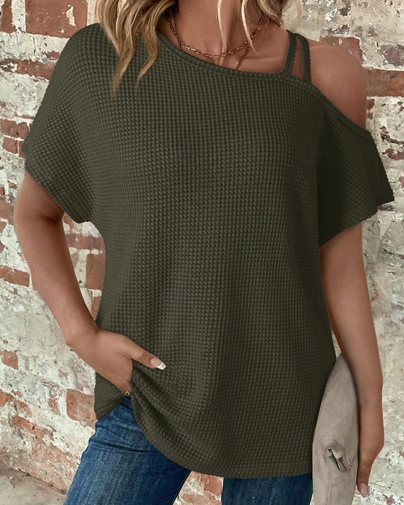 Mujer Camiseta Color sólido Vintage Elegante Manga Corta Cuello asimétrico Tops regulares Diario Noche Fin de semana Negro Blanco Rosa Caqui Verano Primavera 2026 - $25.99 –P11