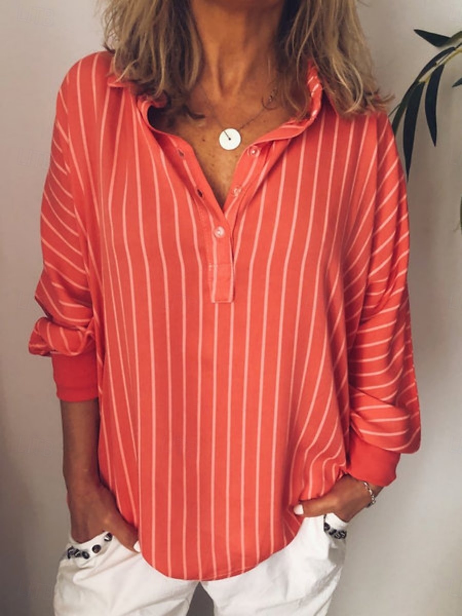 Dame Bluse Knapper Trykt mønster Stripet Stilfull Fritid Langermet Skjortekrage Vanlige topper Daglig Blå Gul Rød Grønn Vår Høst 2026 - $24.99 –P2