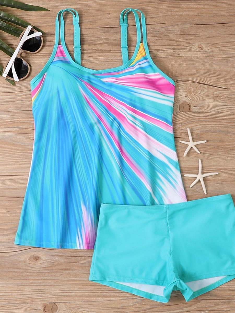 Maillot de bain tankini 2 pièces femme palmiers short contrôle du ventre taille haute slim dos nu vacances plage dégradé géométrique col en U sans manches de 2026 ? $33.99 –P6