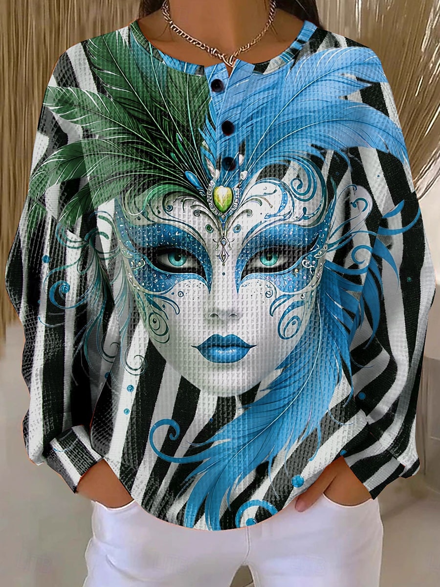 Carnival Women's Pullover Sweatshirt Graphic Striped Abstract Warm Classic Casual Long Sleeve Crew Neck Regular Tops Casual Street Dailywear Buttons Print Blue Yellow Pink Purple Green Spring 2026 - $28.99 –P5