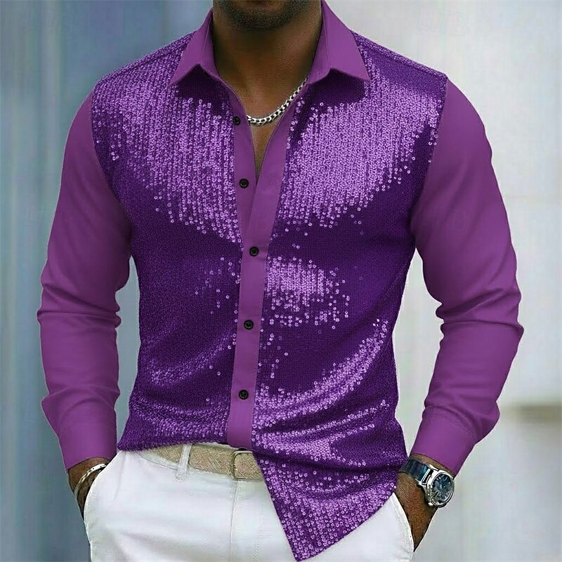 Herr Skjorta Sommarskjorta Casual skjorta Strandskjorta Knapp upp skjorta Blå Purpur Långärmad Ensfärgat Kavajslag Dagligen Semester Paljett Kläder Mode Ledigt Bekväm 2026 - $30.99 –P1