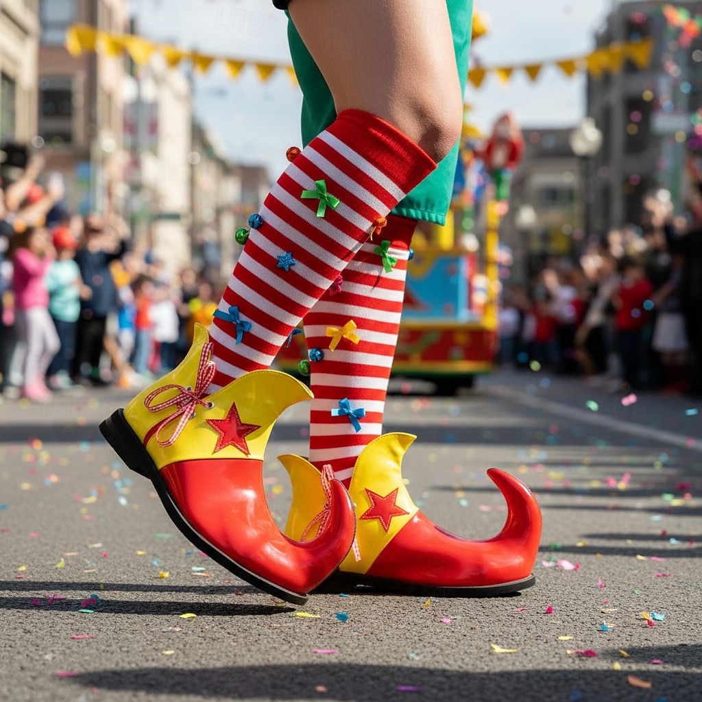 Zapatos de payaso a rayas de Mardi Gras para hombres rojos y amarillos punta puntiaguda con tacón curvado divertido ajuste cómodo perfectos para carnaval y disfraces de payaso 2026 - $64.99 –P12