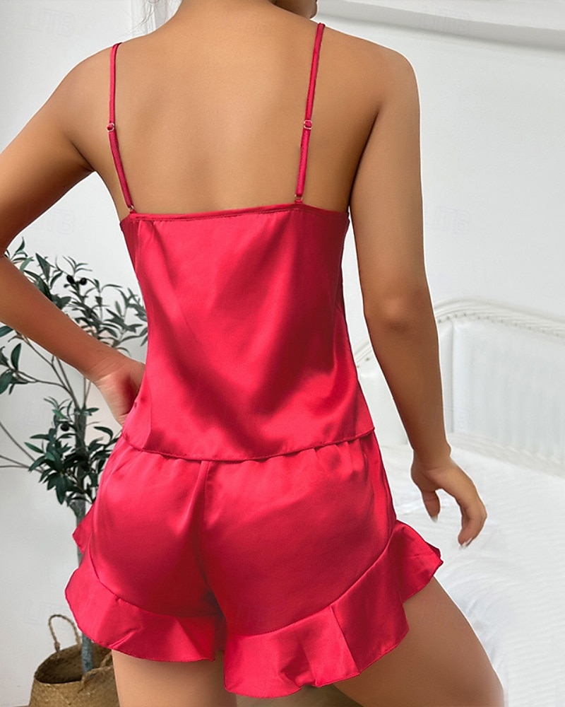 Per donna Pigiama Camicia da Notte Set Pigiama Casual Morbido Raso Colore Puro Coulisse Shorts Quotidiano Casa Da letto Manica Lunga Spalline Nero Champagne Rosa Rosso Estate Vestibilità comoda del 2026 a $37.99 –P3