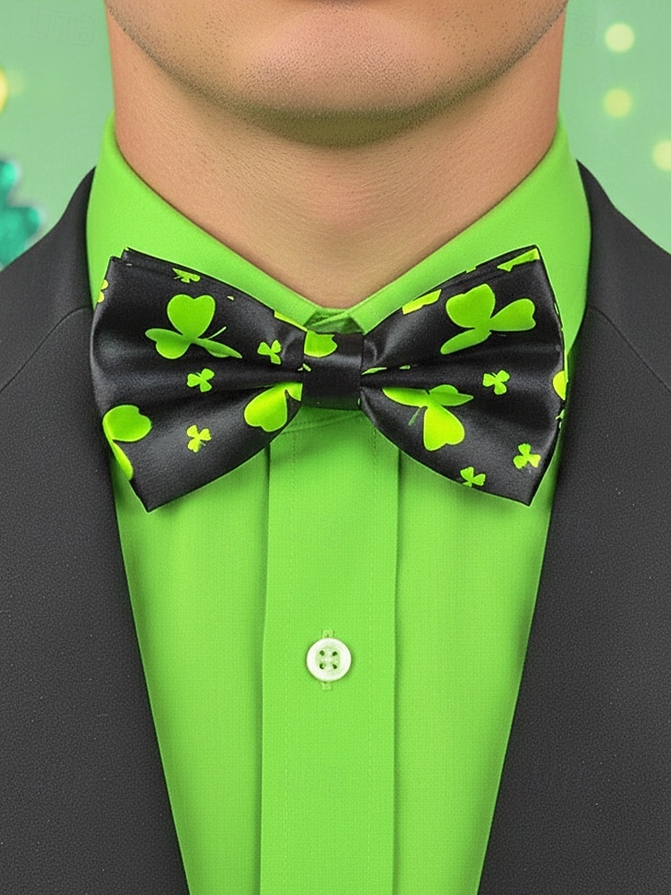 2026年 メンズポリエステル蝶ネクタイ、2色のクローバープリントデザイン、聖パトリックの日やカーニバルのお祝いに最適  コレクション – $9.99 –P4