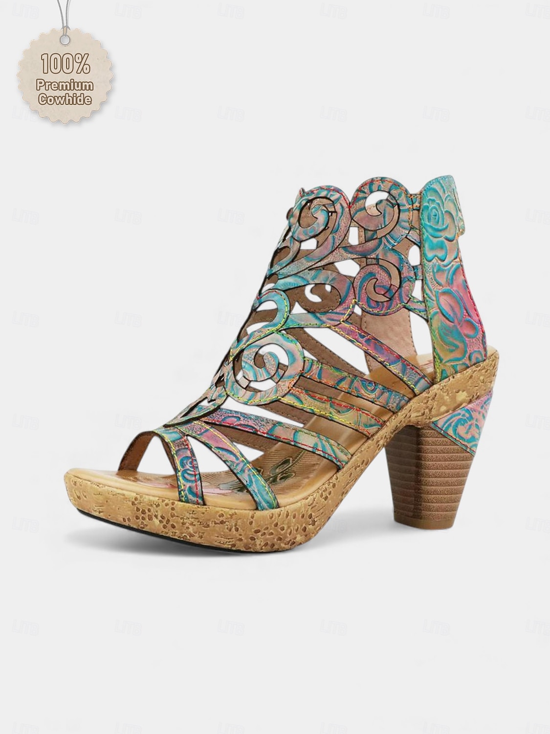 Bunte Damen-Sandalen aus Rindsleder mit lasergeschnittenem Blockabsatz und Klettverschluss im Boho-Gladiator-Stil für Gartenpartys, Festivals und besondere Anlässe. 2026 - $84.99 –P7