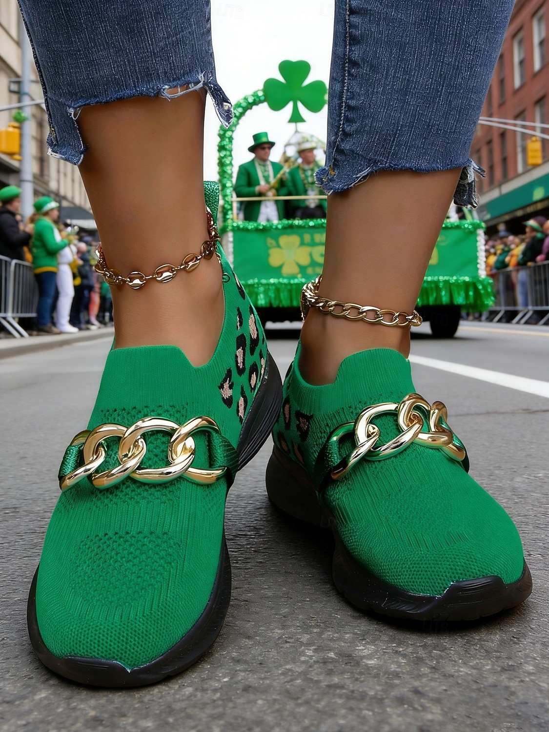 Grønne strikkede damesneakers med leoparddetaljer til St. Patricks dag – moteriktig kjededetalj, komfortabel og trendy, perfekt for parader og uformelle festligheter 2026 - $32.99 –P4