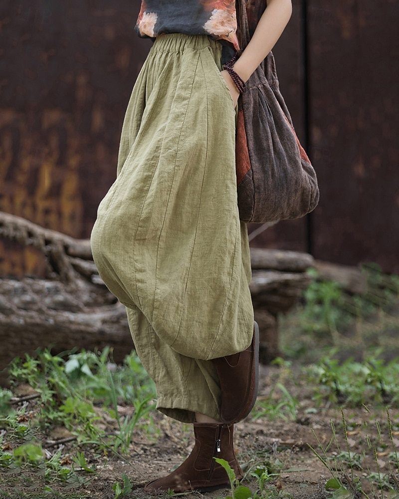 Pantaloni da donna in lino biologico con elastico in vita e tasche a lanterna del 2026 a $49.99 –P1