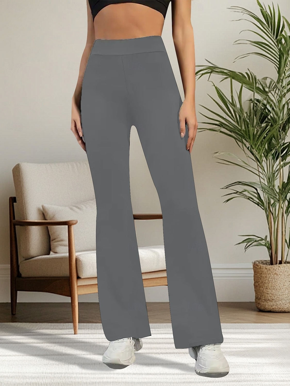 Pantalones de mujer, pantalones acampanados, pantalones casuales, moda de vacaciones, ropa urbana, largo completo, cintura alta, liso, cintura elástica, cómodo, cómodo, microelástico, diario, exterior, vacaciones, gris 2026 - $24.99 –P2