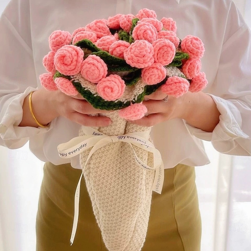 Pătură cu buchet de trandafiri roz pentru Ziua Mamei, pătură cu flori artificiale lucrată manual, pătură de somn, pătură țesută artificial, cadou perfect pentru mama 2026 - $30.99 –P1