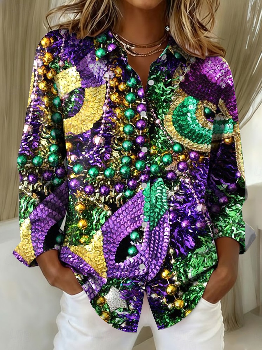 Karnival Damen Hemd Bluse Patchwork Knöpfe Druck Grafik Abstrakt Vintage Stilvoll Lässig Langarm V Ausschnitt Hemdkragen Normale Oberteile Täglich Schwarz Violett Purpur Grün Sommer Frühling Herbst 2026 - $32.99 –P2