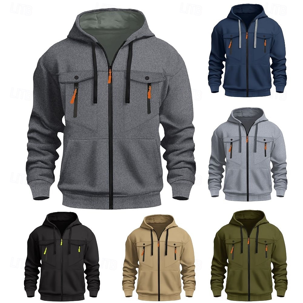 Férfi Teljes cipzáros kapucnis Zip Up kapucnis pulóver Cipzáras kapucnis pulóver Taktikai kapucnis pulóver Fekete Katonai zöld Sötétkék Khakizöld Világos szürke Kapucni Sima Többzsebes Cipzáras zsebek 2026 - $31.99 –P1