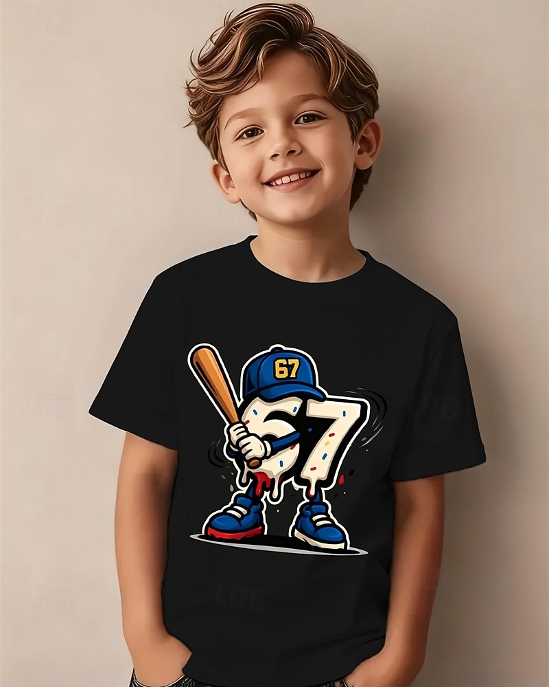 Katoen Kinderen Jongens Zwart Wit Grafisch Grappige Slang 67 T-shirt Blouse Strakke ronde hals Korte mouw Buiten Dagelijks gebruik Modieus Streetwear Ontwerper Opdrukken Zomer 2026 - $14.99 –P1