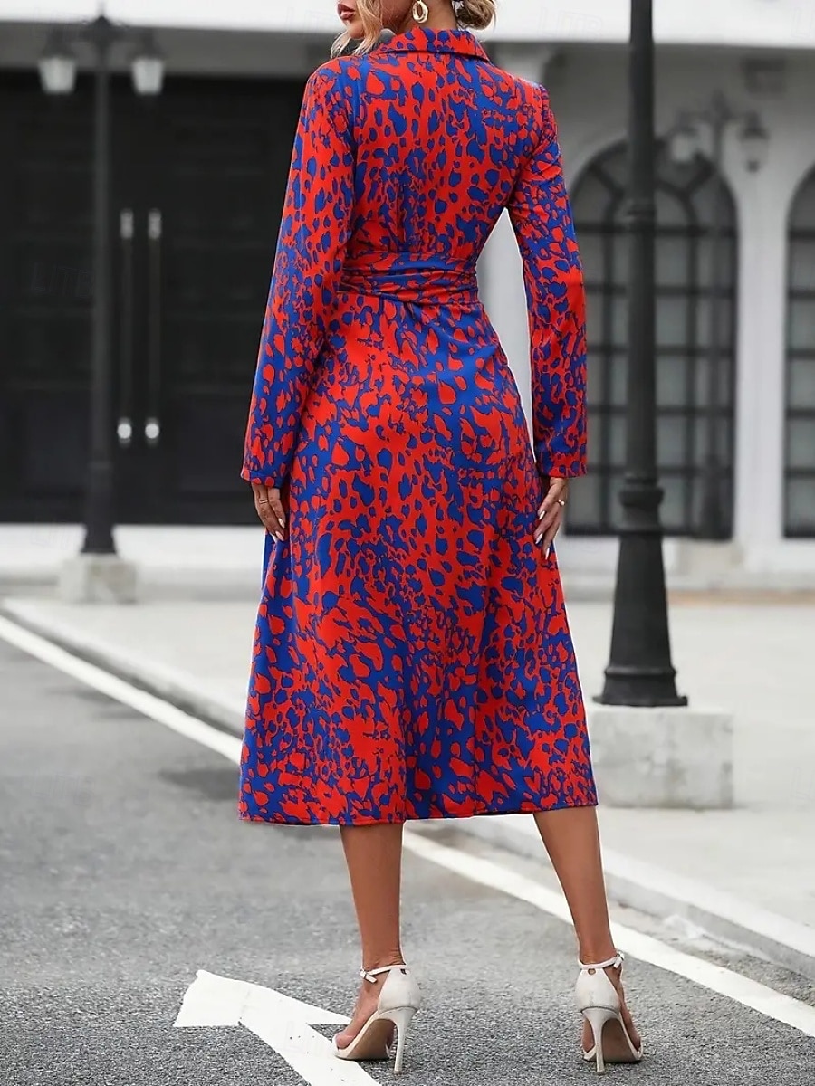 Women's Midi Dress A Line Dress Summer Dress Casual Daily Regular Fit Graphic Leopard Long Sleeve Lapel Navy Fuchsia Green Spring 2026 - $34.99 –P2