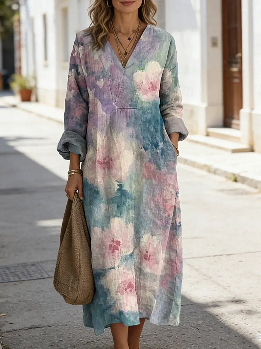 Femmes Robe Midi Robe fourreau Occasionnel Quotidien Sortir Coupe Ample Fleuri Graphique Tropical manche longue Col en V Bleu Rose Claire Rouge Été Printemps de 2026 ? $41.99 –P2