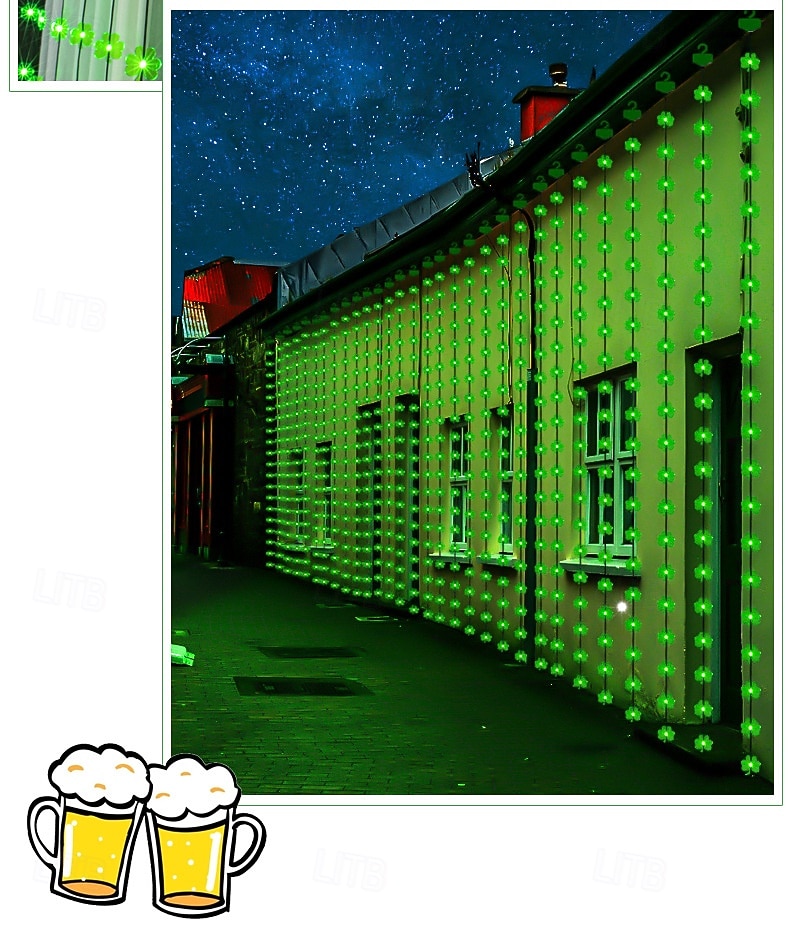 Irsk kløverlignende gardinlyslenke til St. Patricks dag, 3 m bredde, grønt lys, USB-drevet, 8 funksjoner med fjernkontroll, innendørs soverom, stue, balkong, festdekorasjon 2026 - $26.99 –P5