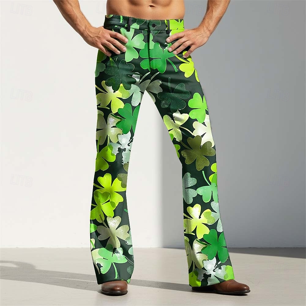 St. Patrick's Day Men's Four Leaf Clover Tartan Shamrock Trousers Disco Pants 60s 70s Bell Bottoms Mid Waist Vintage Retro Holiday Side Pockets Flared Leg Pants Trousers Summer Spring 3D Print White 2026 - $29.99 –P2