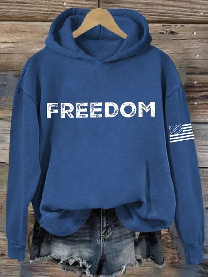 Felpa con cappuccio patriottica per donne del Giorno dell'Indipendenza grafica lettera casual maniche lunghe colletto con cappuccio top regolari abbigliamento quotidiano sport blu nero bianco rosso del 2026 a $31.99 –P3