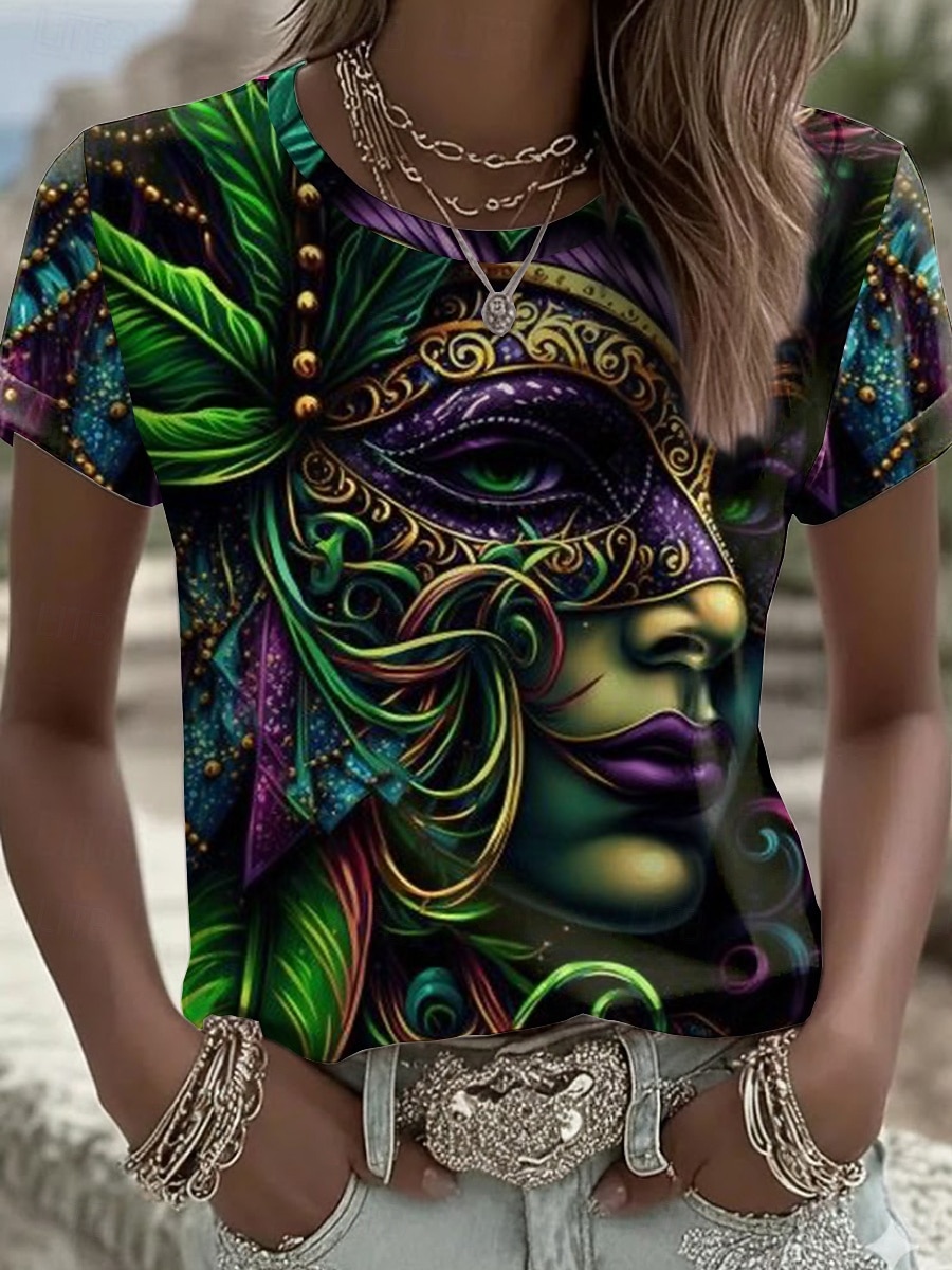 Karneval Kvinners T Skjorte Grafisk Vintage Moteblåser Stilfull Kortermet Langermet Rund hals Vanlige Topper Daglig Print Svart Lilla Sommer Vår 2026 - $22.99 –P2