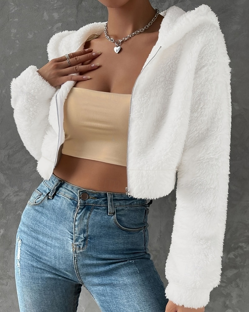 Pentru femei Palton de iarnă geacă Sherpa Palton Teddy Cald Zip complet Modă Casual Simplu Vacanță Stradă Purtare Zilnică Ieșire Fermoar Scurt Capișon Fit regulat Manșon Lung Îmbrăcăminte exterioară 2026 - $32.99 –P2