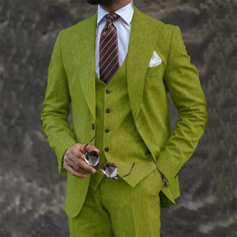 Men's Blazer+Vest+Dress Pants Blazer Jacket Suits Business Work Party Elegant Fashion Spring Fall Linen Solid Color 3-Piece Single Breasted Blazer Blue Dark Gray Light Green Pink 2026 - $119.99 –P3