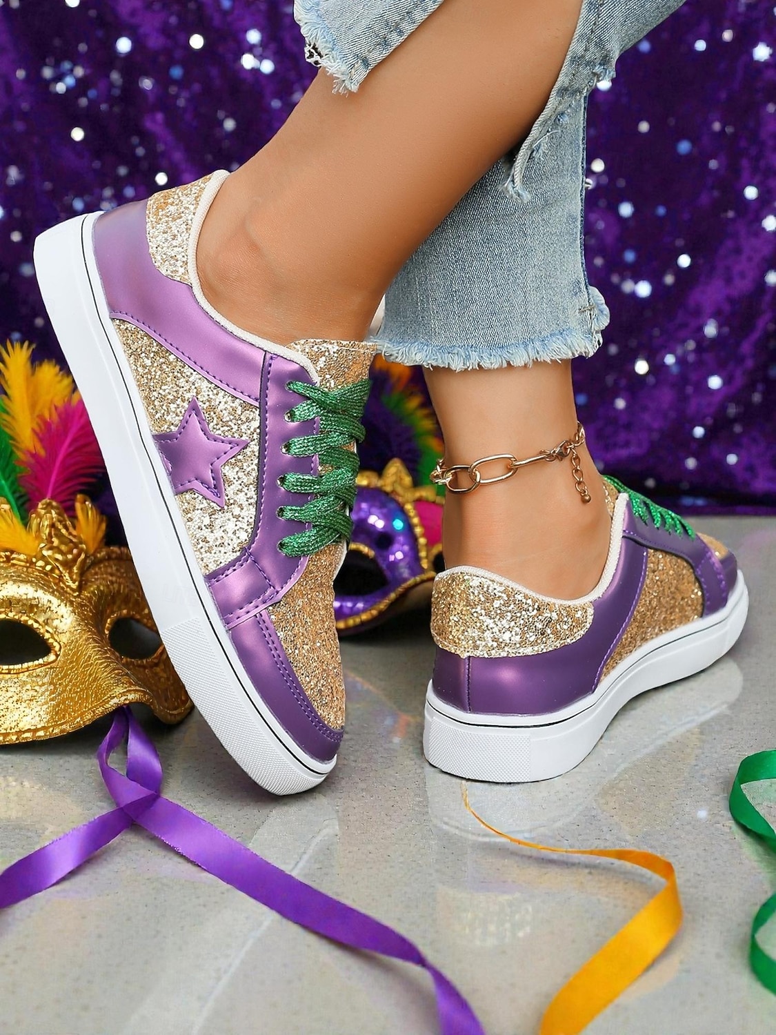 Женские блестящие кроссовки для Марди Гра с цветными металлическими панелями искристая обыкновенная обувь на завязках для карнавальных парадов вечеринок и уличных костюмов 2026 - $42.99 –P3