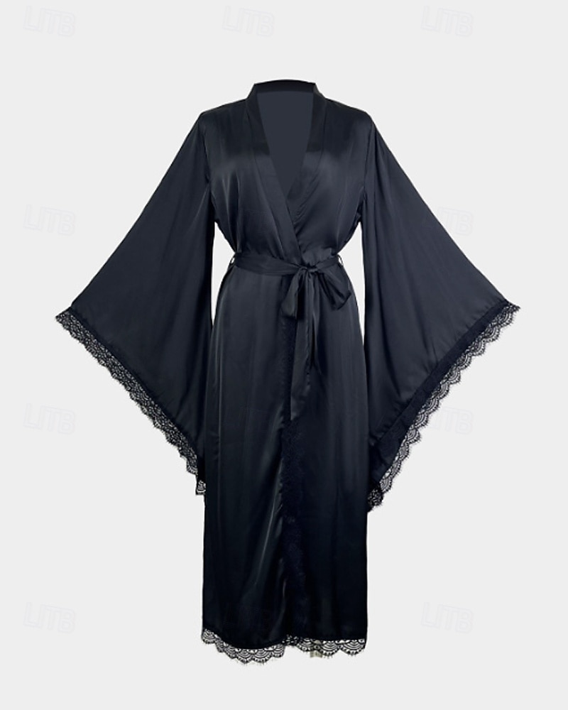 Femmes Robe Occasionnel Doux Satin Couleur Unie Dentelle Quotidien Maison Lit manche longue Col en V Noir Blanche Été Printemps Coupe Ample de 2026 ? $39.99 –P7