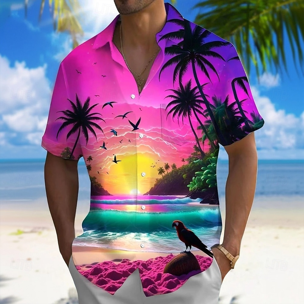Herren Kokospalme Ozean Tropische Pflanzen Sommer Hawaiihemd Knopfhemd Alohahemd Kurzarm Hawaiianisch Lässig Urlaub Sommer Frühling Umlegekragen 3D-Druck Hemden mit Kragen Eine Tasche vorne Blau 2026 - $25.99 –P1