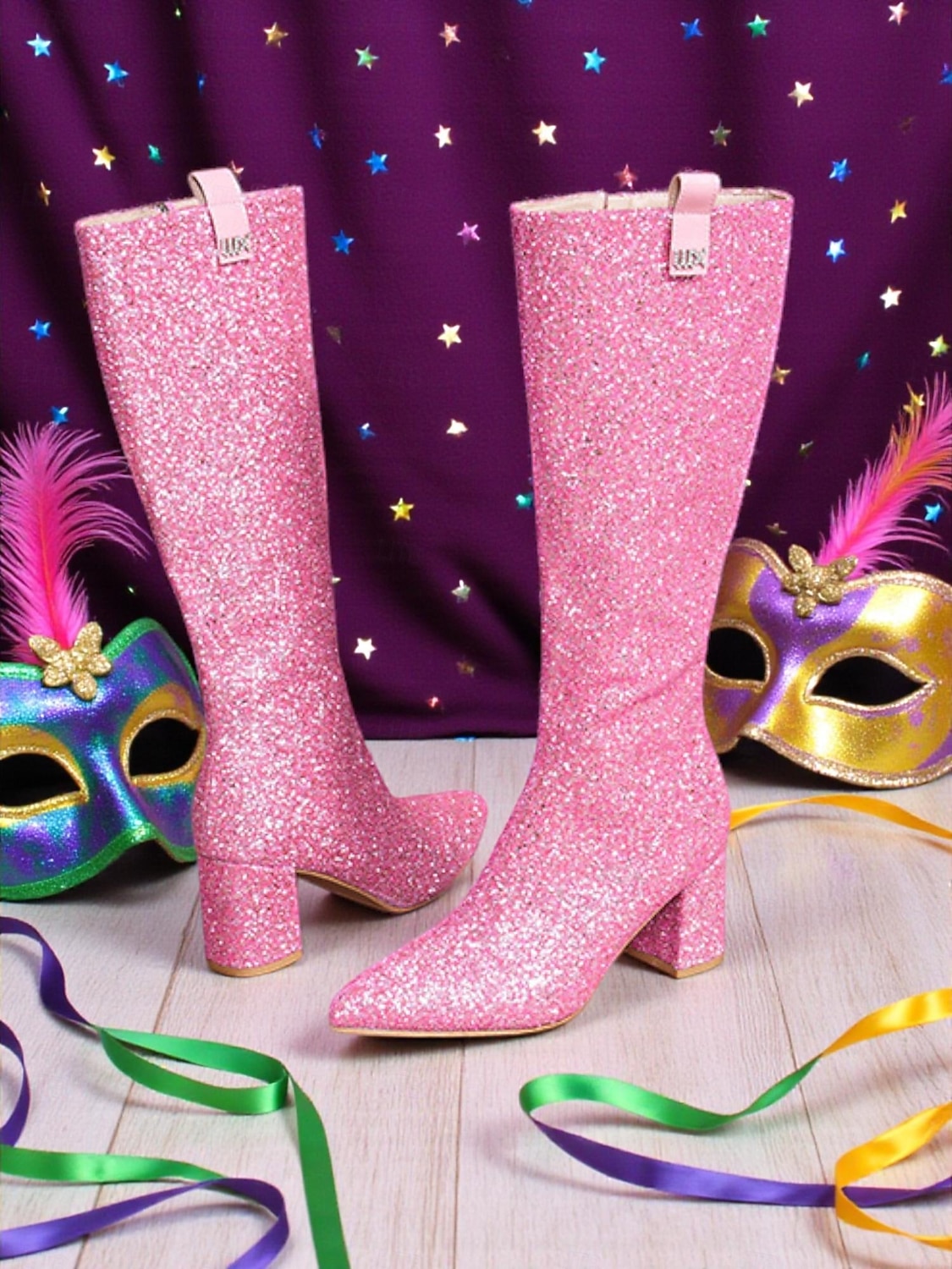 Kobiece różowe buty na kolano z brokatem i szerokimi obcasami – Iskrzące odważne oświadczenie mody idealne na karnawał festiwale i imprezy kostiumowe 2026 - $69.99 –P5