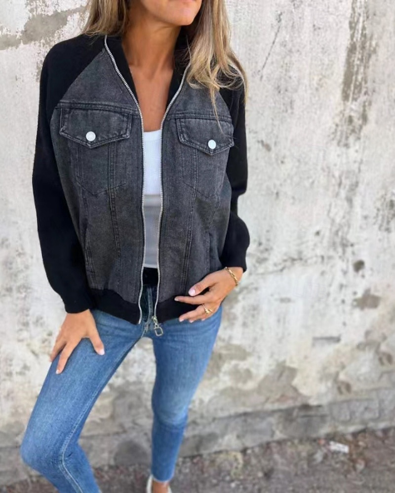 Women's Casual Jacket Denim Jacket Warm Comfortable Zipper Pocket Retro Casual Color Block Vacation Home Daily Wear Going out Regular Stand Collar Regular Fit Long Sleeve Outerwear Blue Black White 2026 - $37.99 –P1