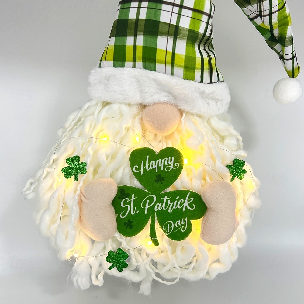 Szent Patrik-napi ír koszorú LED-es fényekkel, lóhere, arctalan baba, törpe dísz, 60x30cm, beltéri/kültéri veranda, fali dekoráció, nappali, étkező, parti ünnepi dekoráció 2026 - $17.99 –P5